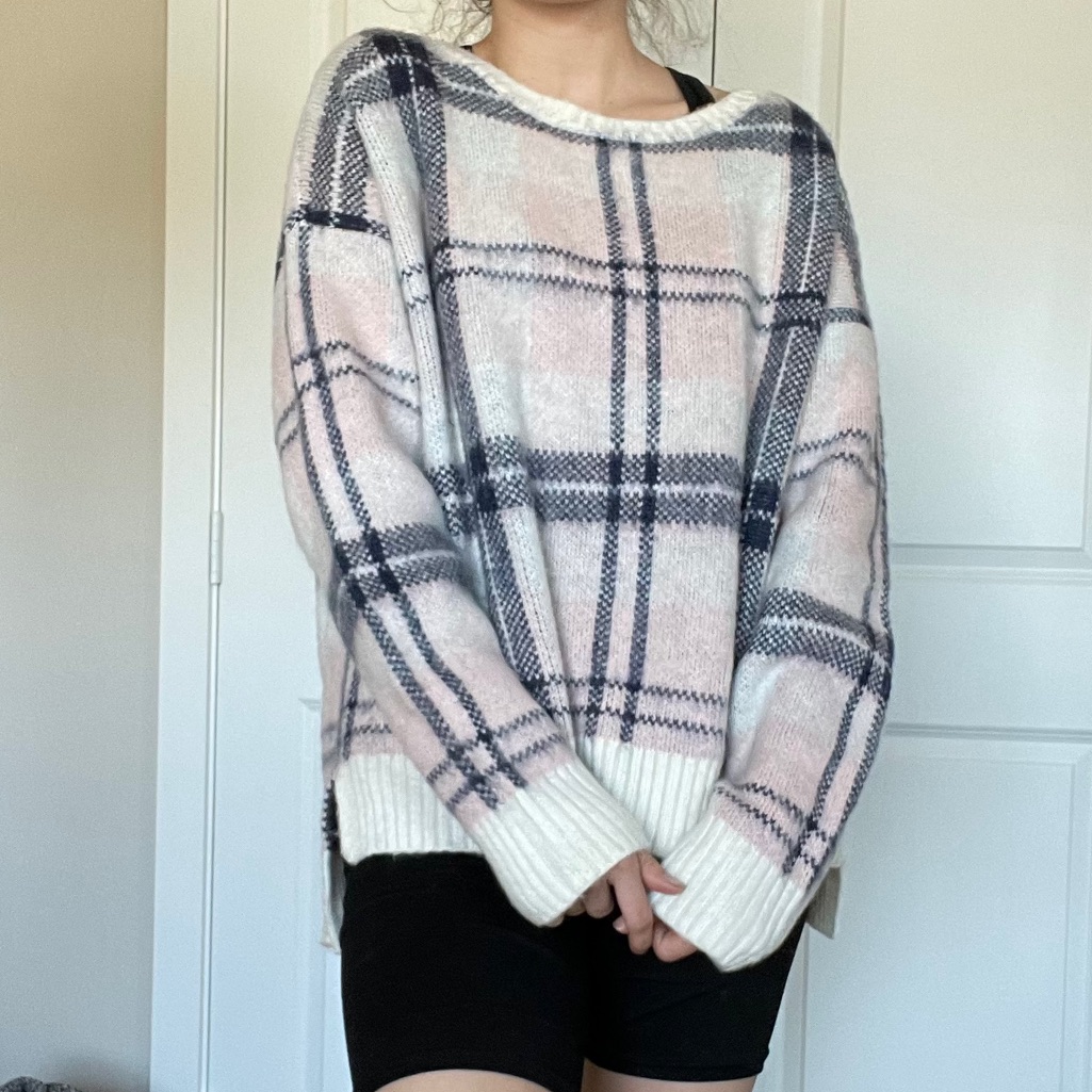 Aerie Woolblend Big Plaid Boxy Pink Sweater Xl
